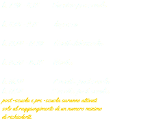 h. 7.30 - 8.45 Servizio pre-scuola h. 8.45 - 9.15 Ingresso h. 13.00 - 13.30 Uscita Intermedia h. 15.30 - 15.45 Uscita h. 16.30 1° uscita post-scuola h. 17.30 2° uscita post-scuola post -scuola e pre -scuola saranno attivati solo al raggiungimento di un numero minimo di richiedenti.